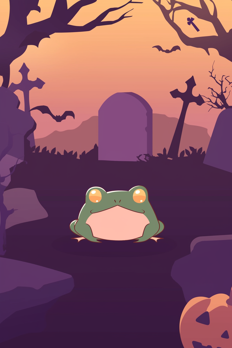 halloween frog drawing ideas 2 with a frog sitting in a haunted graveyard surrounded by gravestones and eerie trees, under a dusky sky.